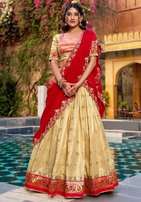Golden Beads Work Silk Lehenga Set