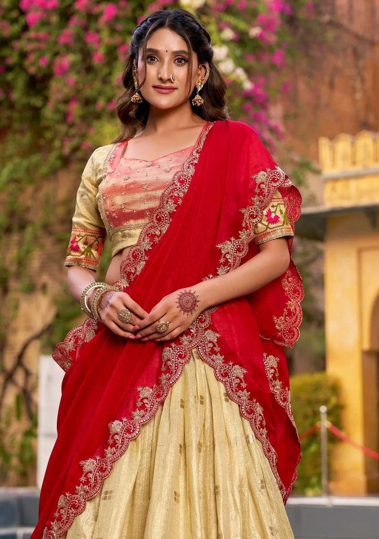 Golden Beads Work Silk Lehenga Set for Diwali and Festive Wear - Indya