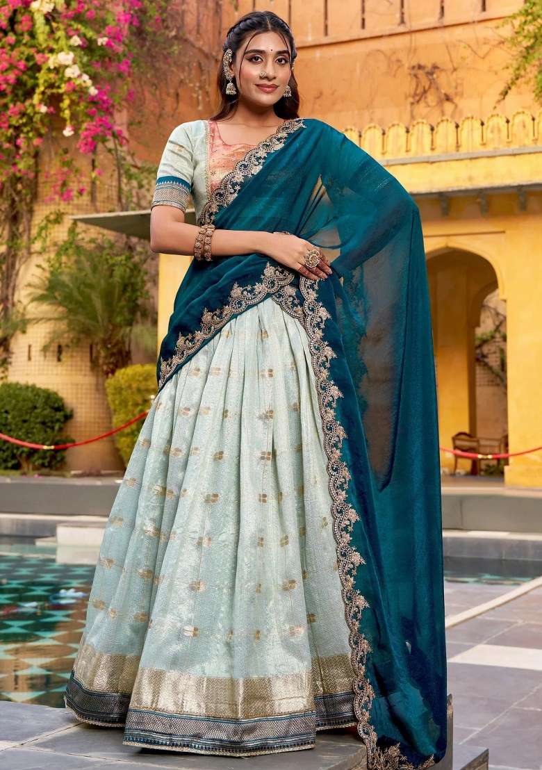 Sky Blue Beads Work Silk Lehenga Set for Diwali and Festive Wear - Indya