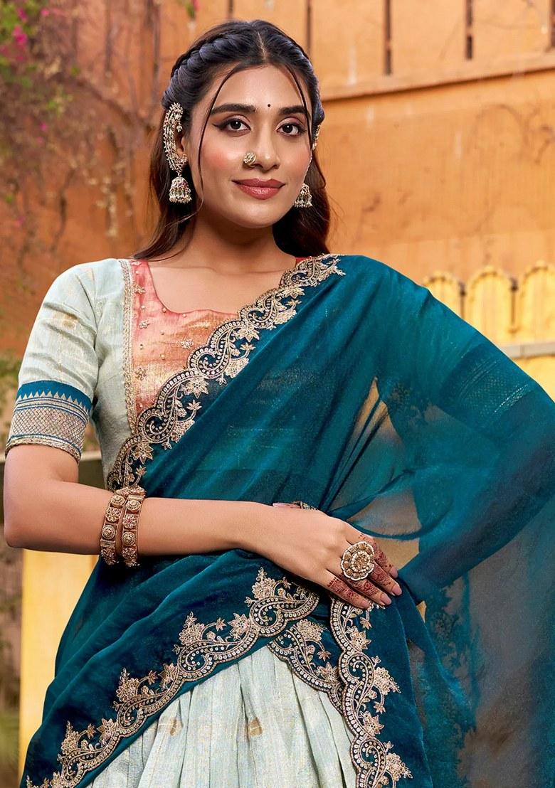 Sky Blue Beads Work Silk Lehenga Set - Indya