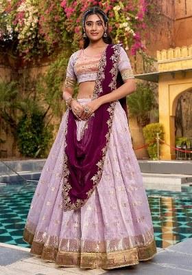 Lavender Beads Work Silk Lehenga Set