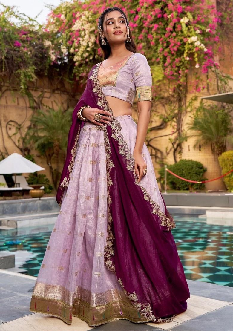 Lavender Beads Work Silk Lehenga Set - Indya