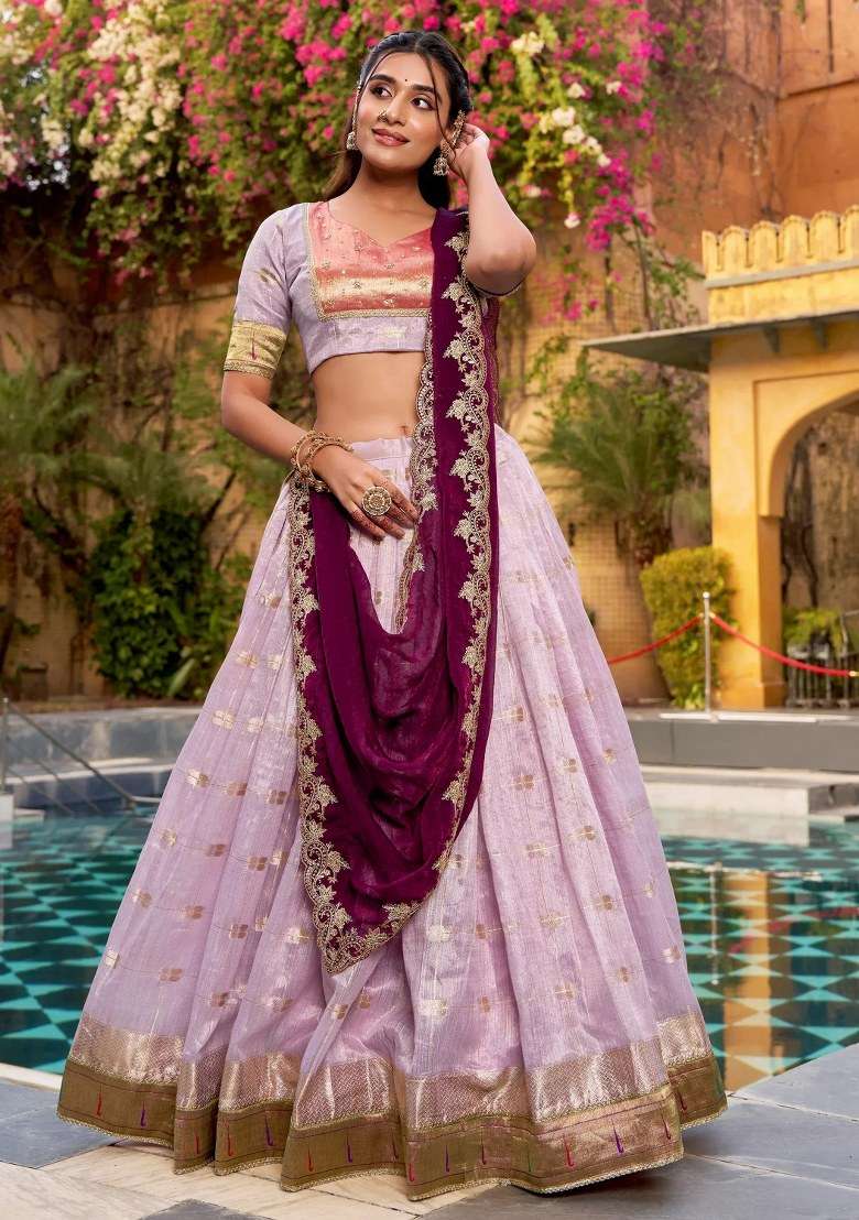 Lavender Beads Work Silk Lehenga Set for Diwali and Festive Wear - Indya