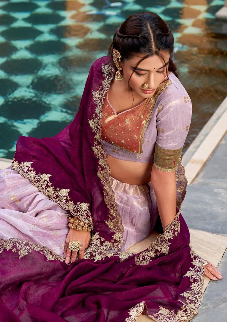 Lavender Beads Work Silk Lehenga Set - Indya