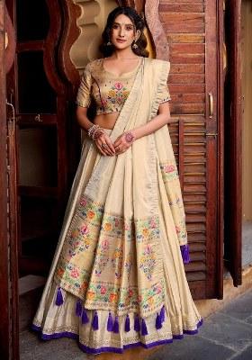 Cream Zari Work Silk Lehenga Set