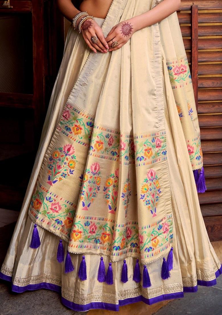 Cream Zari Work Silk Lehenga Set - Indya