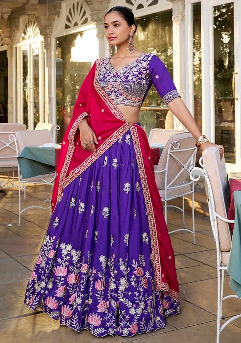 Purple Embroidered Silk Lehenga Set - Indya