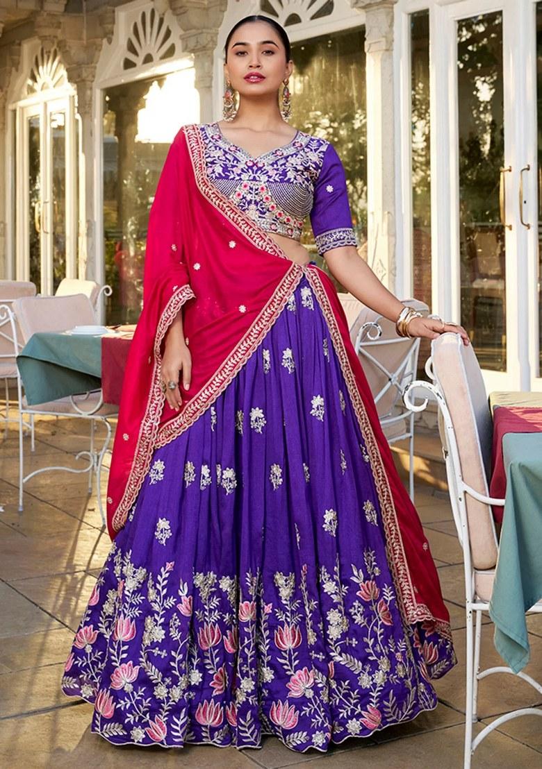 Purple Embroidered Silk Lehenga Set - Indya