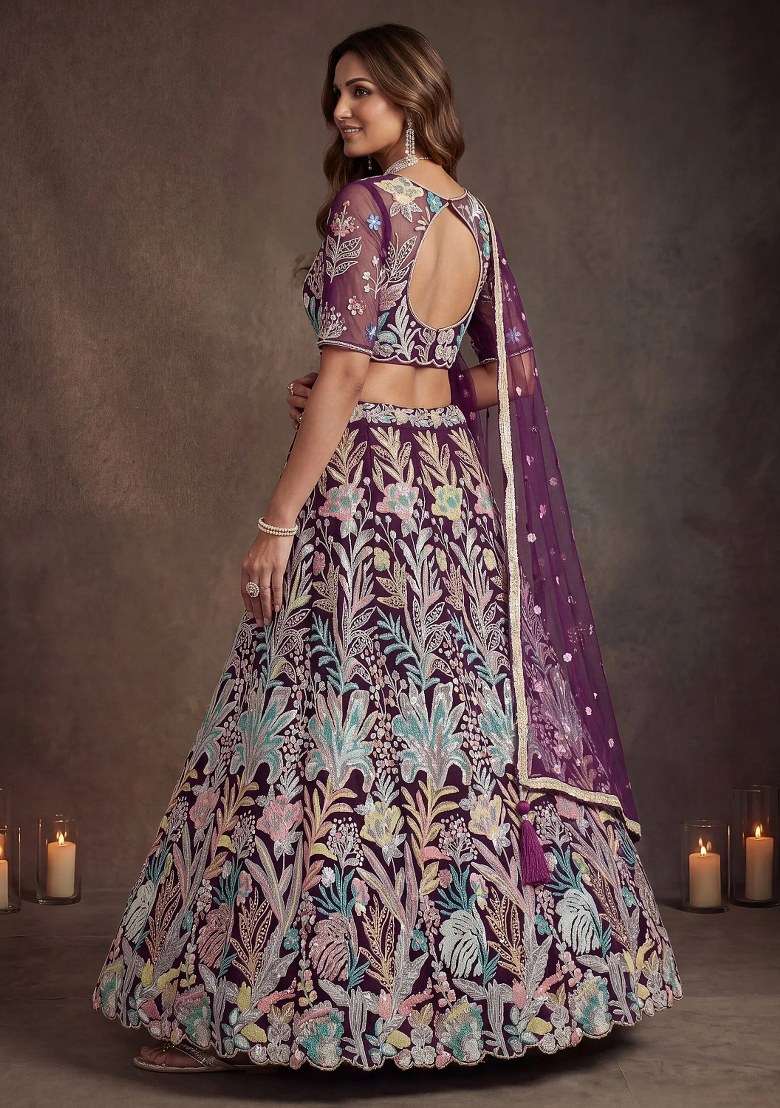Wine Embroidered Net Lehenga Set for Diwali and Festive Wear - Indya