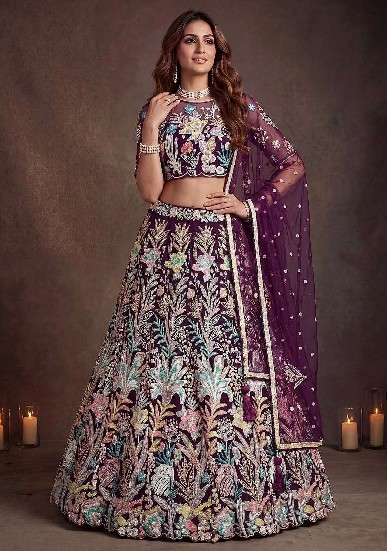 Wine Embroidered Net Lehenga Set for Diwali and Festive Wear - Indya