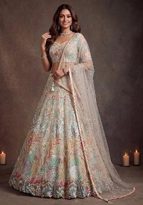 Off White Embroidered Net Lehenga Set