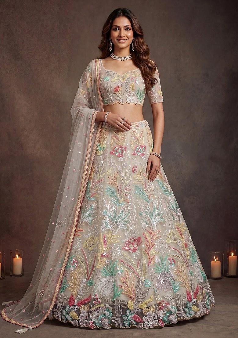 Off White Embroidered Net Lehenga Set - Indya