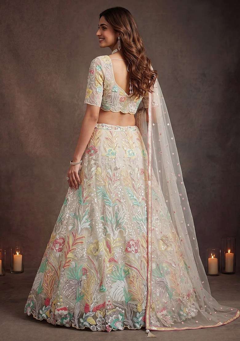 Off White Embroidered Net Lehenga Set for Diwali and Festive Wear - Indya