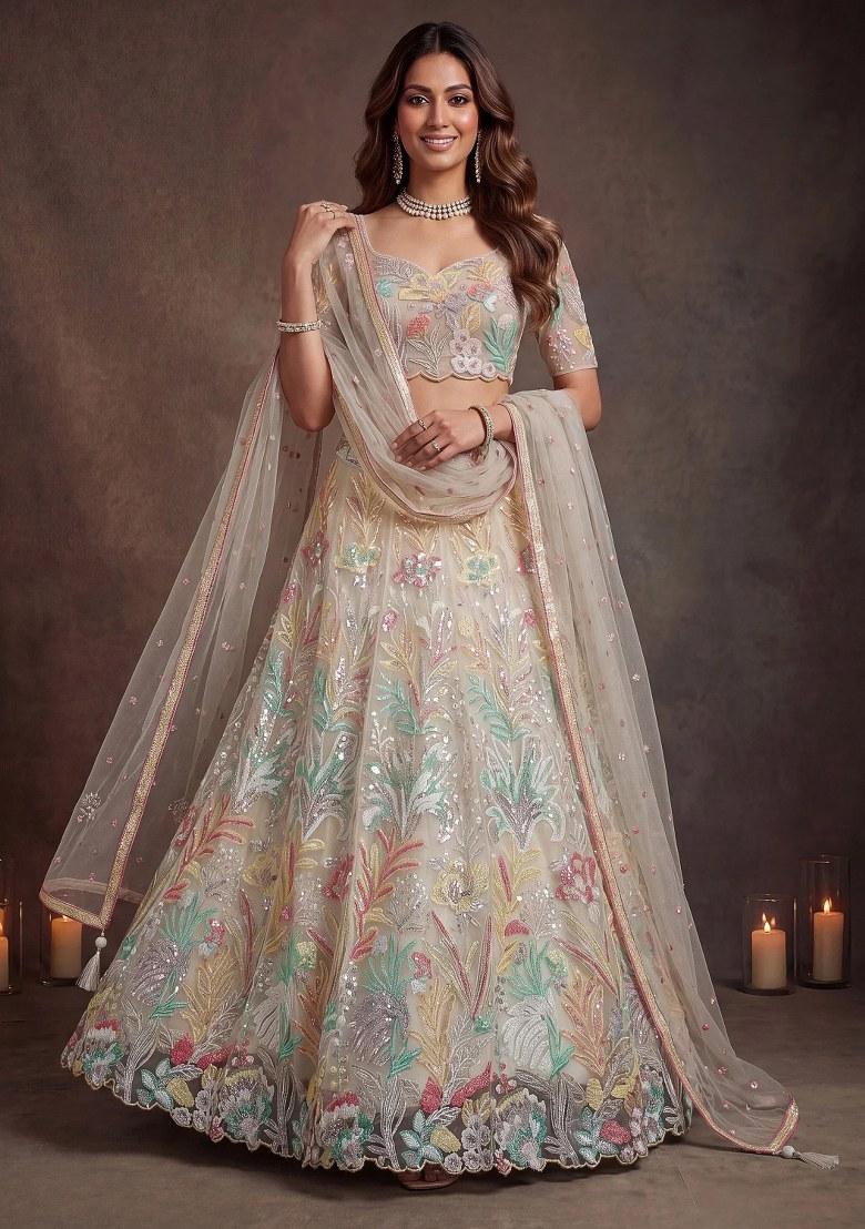Off White Embroidered Net Lehenga Set - Indya