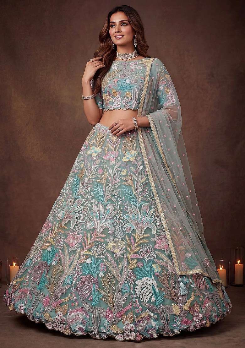 Green Embroidered Net Lehenga Set for Diwali and Festive Wear - Indya