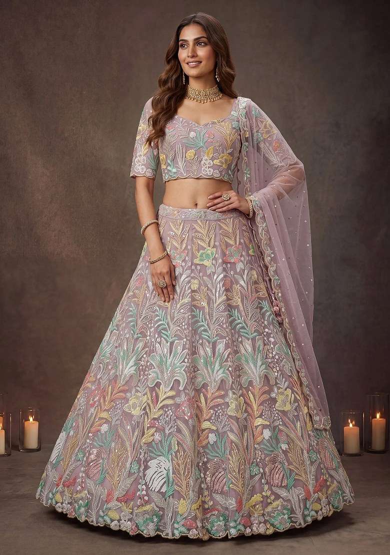 Lavender Embroidered Net Lehenga Set for Diwali and Festive Wear - Indya