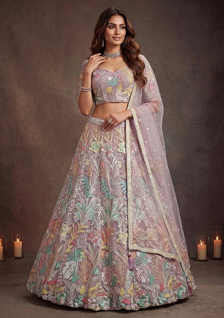 Lavender Embroidered Net Lehenga Set - Indya