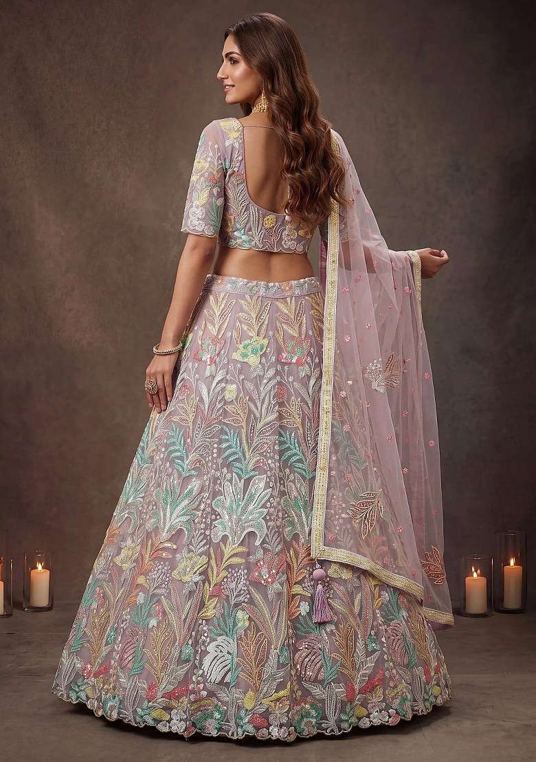 Lavender Embroidered Net Lehenga Set for Diwali and Festive Wear - Indya