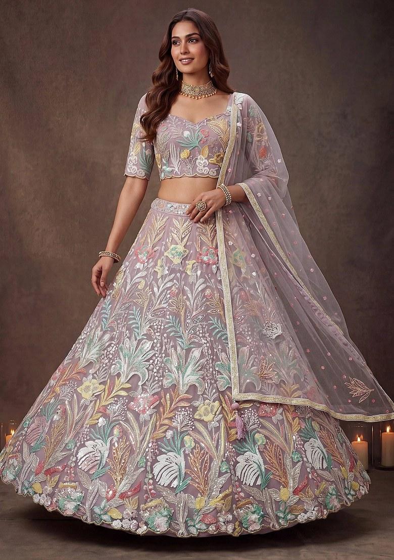 Lavender Embroidered Net Lehenga Set - Indya
