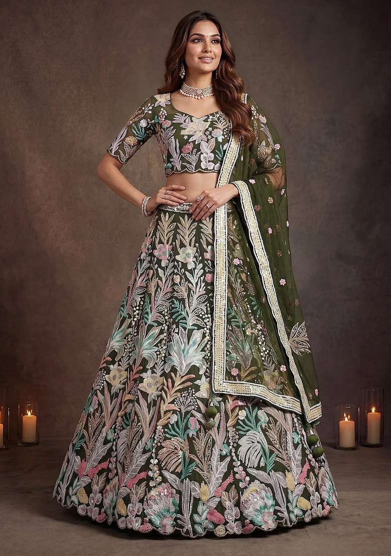 Green Net Lehenga Set with Embroidered for Diwali | Wedding & Festive Wear - Indya