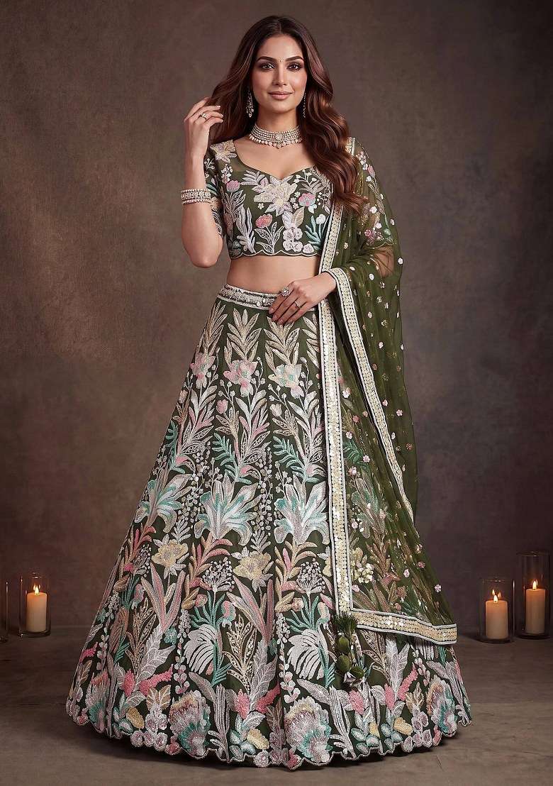 Green Net Lehenga Set with Embroidered for Diwali | Wedding & Festive Wear - Indya