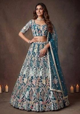 Blue Embroidered Net Lehenga Set