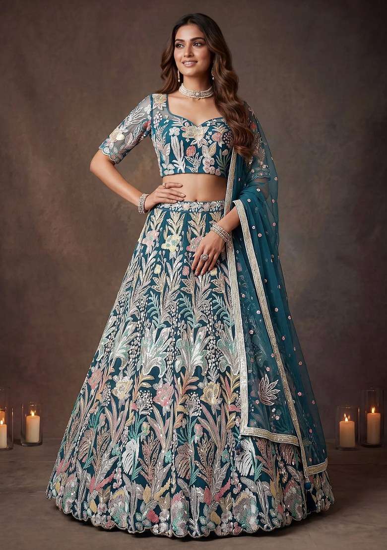 Blue Embroidered Net Lehenga Set for Diwali and Festive Wear - Indya