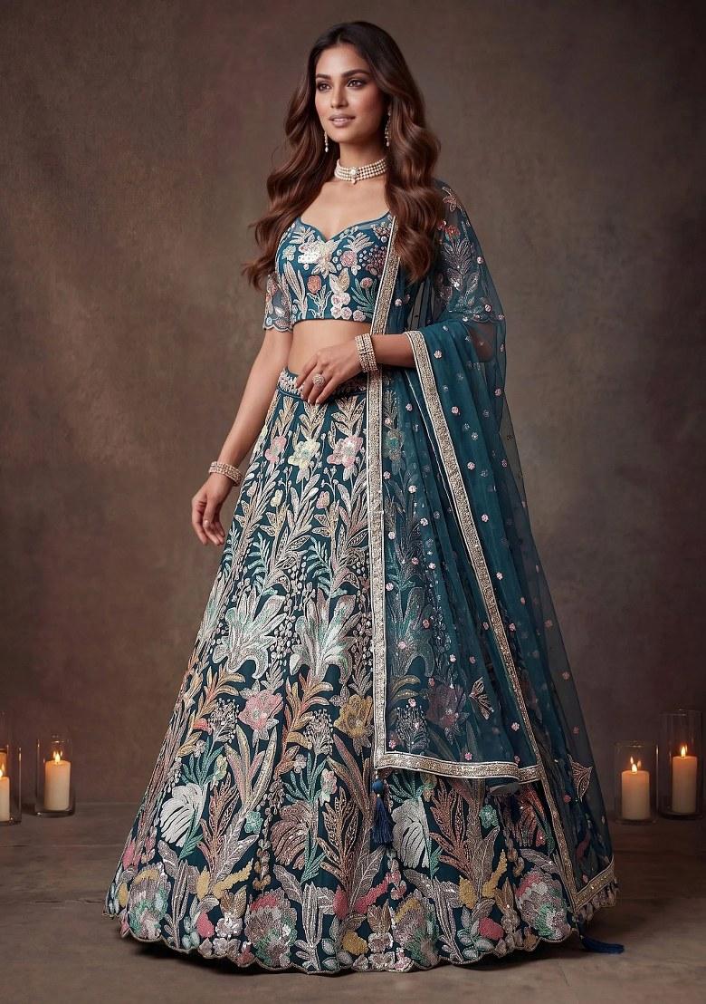 Blue Embroidered Net Lehenga Set - Indya