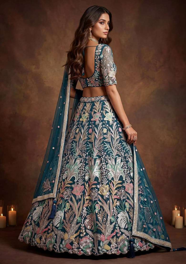 Blue Embroidered Net Lehenga Set for Diwali and Festive Wear - Indya