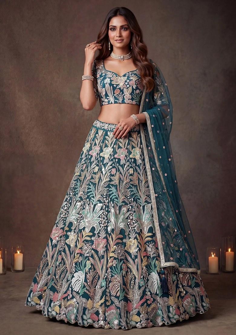 Blue Embroidered Net Lehenga Set - Indya