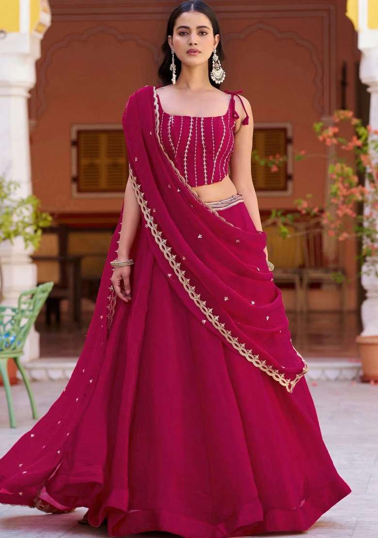 Pink Embroidered Silk Lehenga Set - Indya