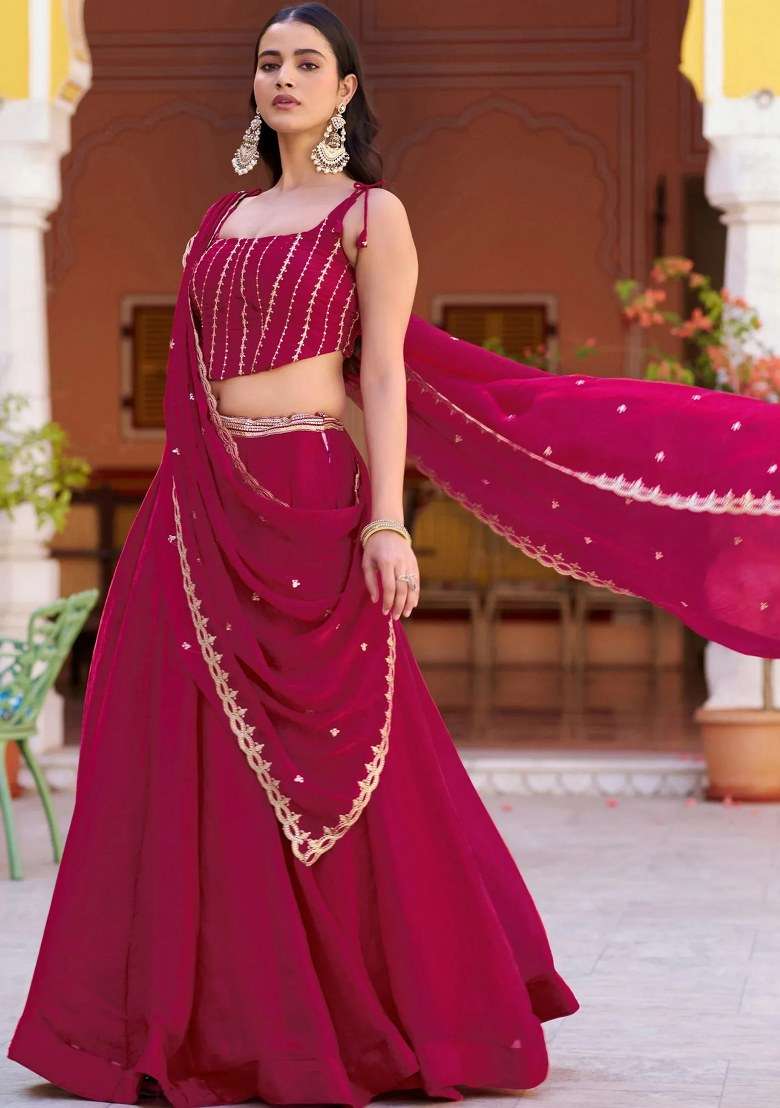 Pink Embroidered Silk Lehenga Set - Indya