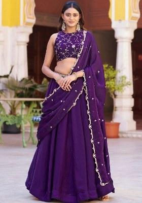 Purple Embroidered Silk Lehenga Set