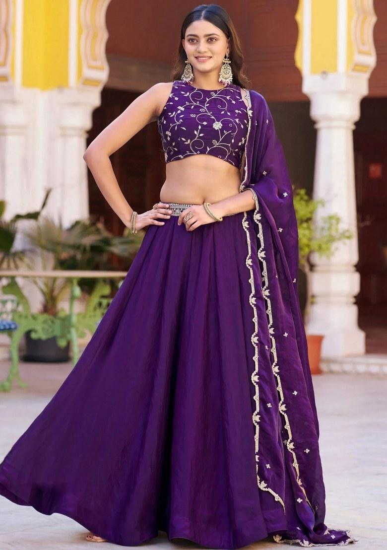 Purple Embroidered Silk Lehenga Set - Indya