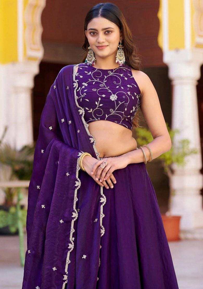 Purple Embroidered Silk Lehenga Set - Indya