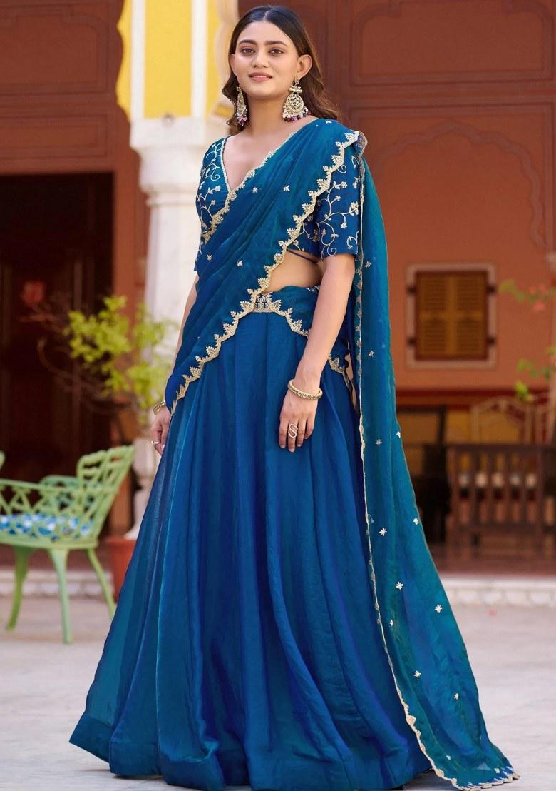 Blue Embroidered Silk Lehenga Set - Indya