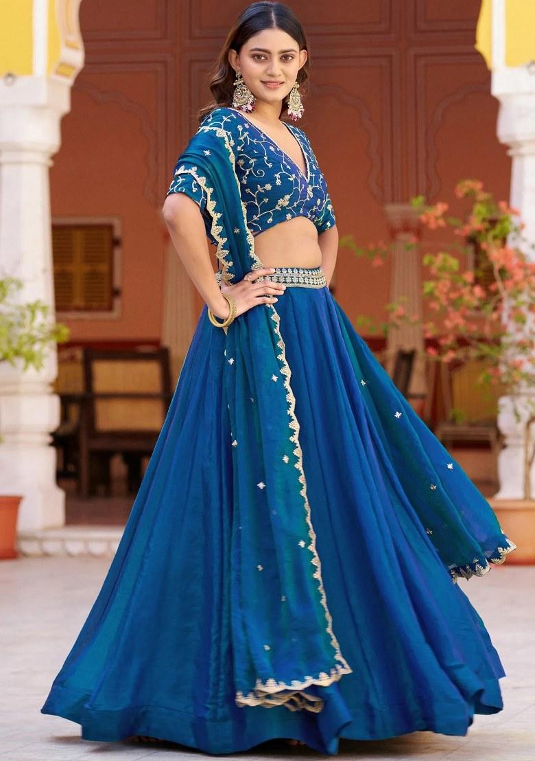 Blue Embroidered Silk Lehenga Set - Indya