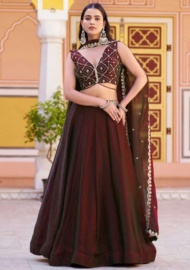 Brown Embroidered Silk Lehenga Set - Indya