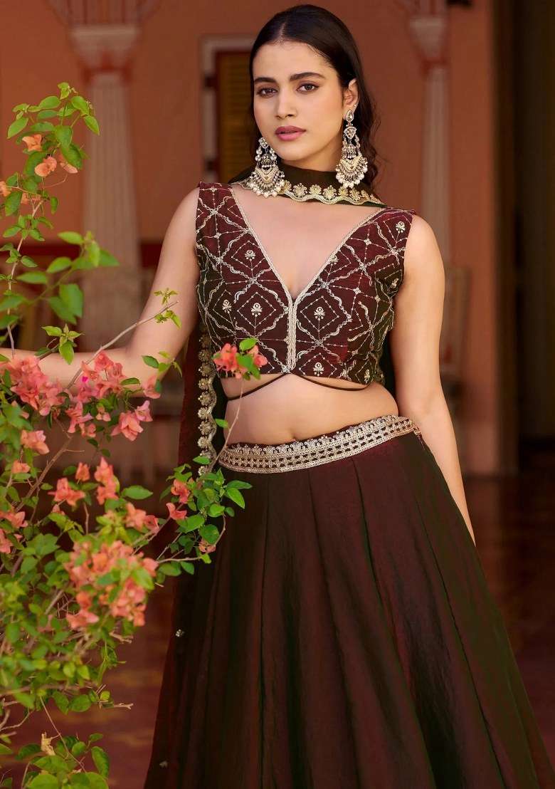 Brown Embroidered Silk Lehenga Set - Indya