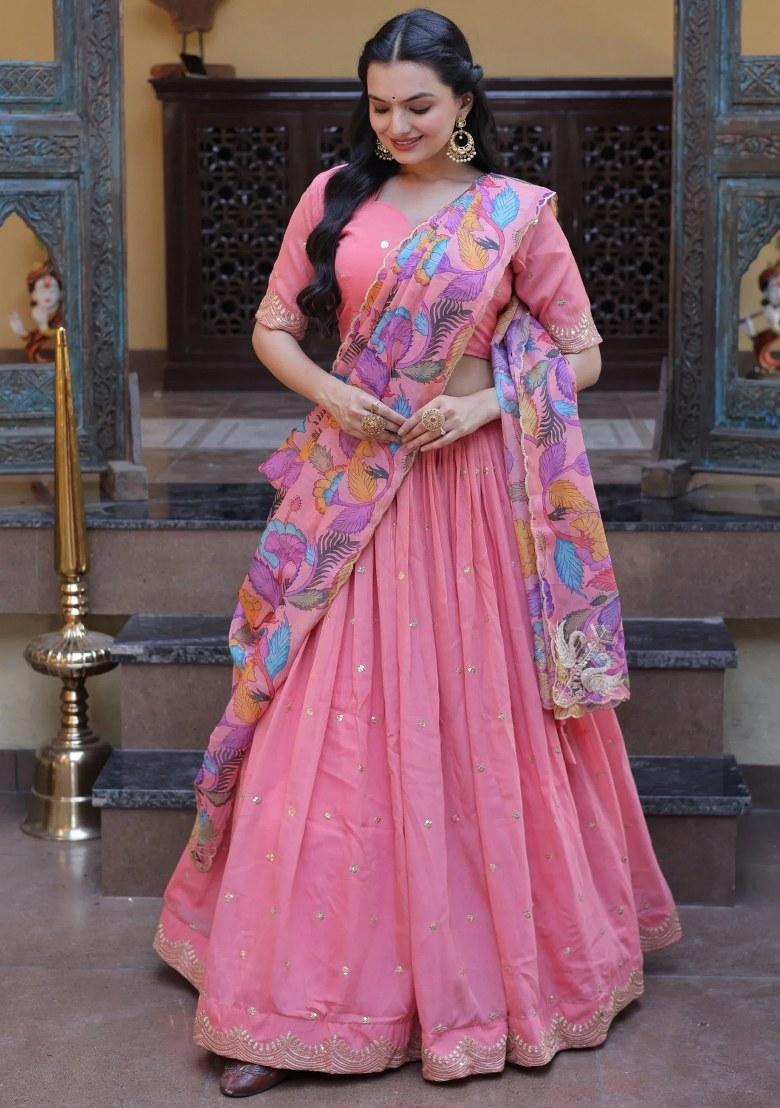 Peach Sequin Work Silk Lehenga Set - Indya