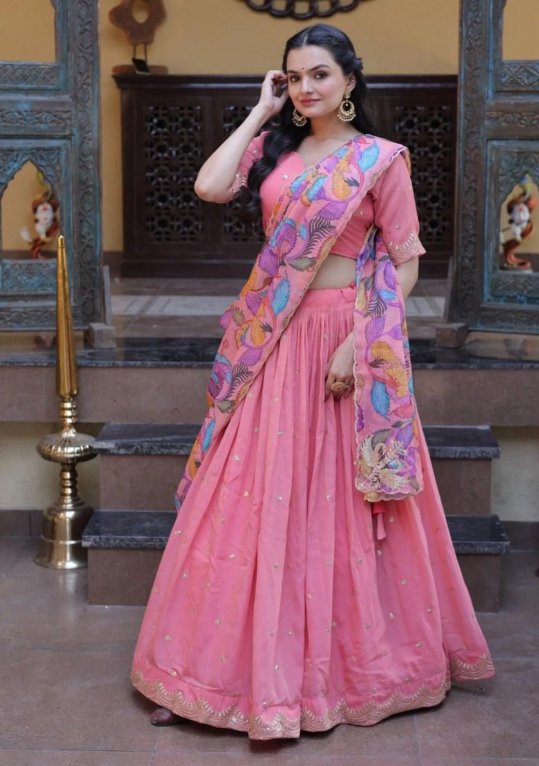 Peach Sequin Work Silk Lehenga Set - Indya