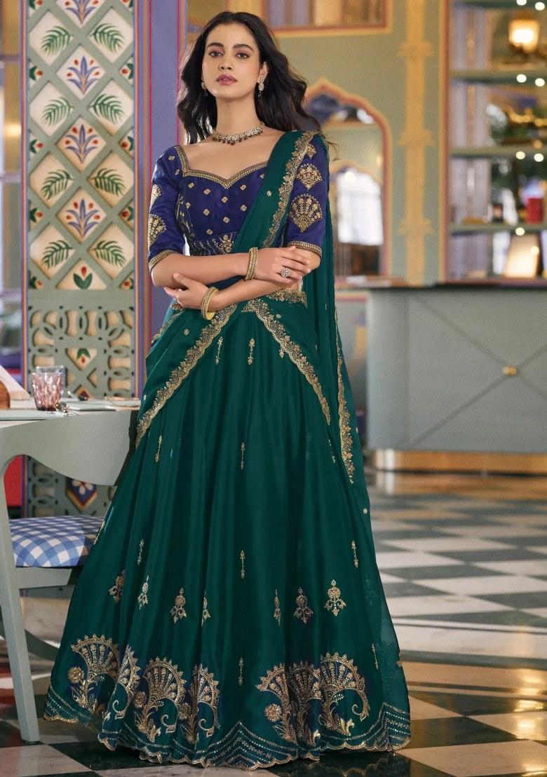 Green Embroidered Silk Lehenga Set - Indya