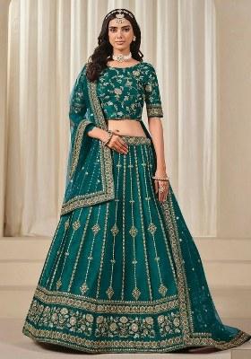 Green Sequin Work Silk Lehenga Set
