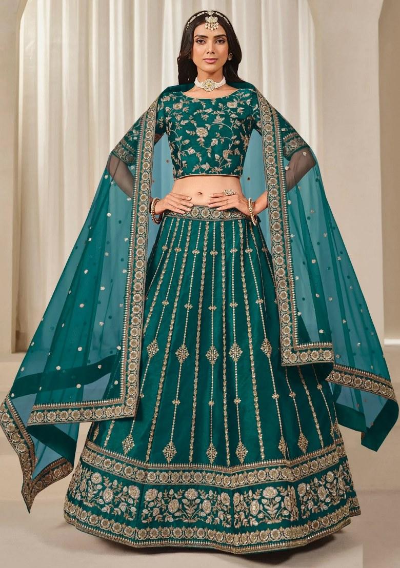 Green Sequin Work Silk Lehenga Set - Indya