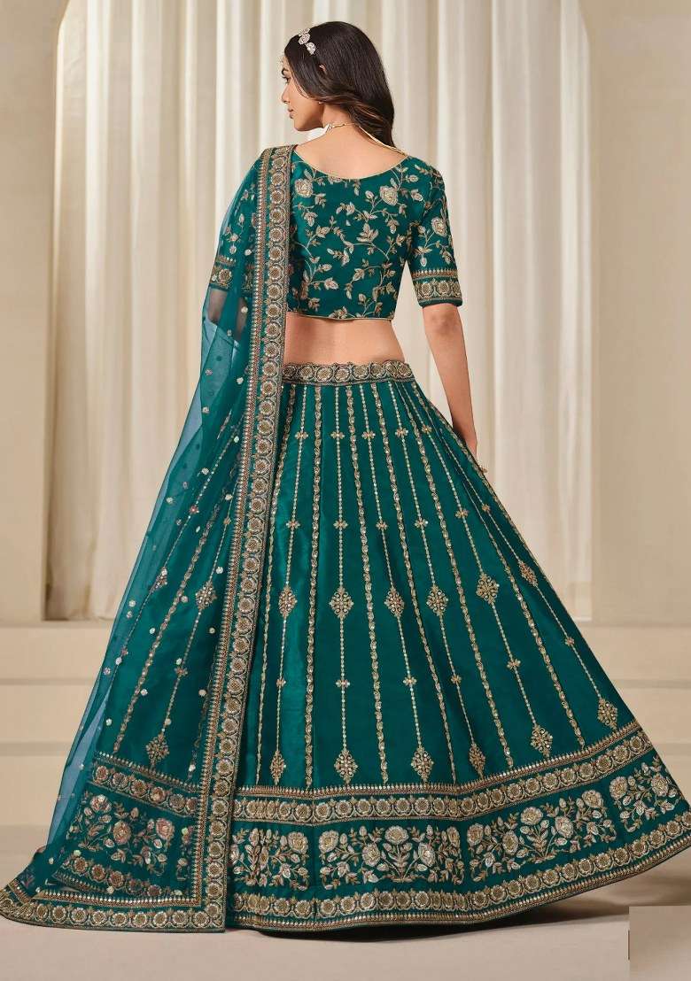 Green Sequin Work Silk Lehenga Set for Diwali and Festive Wear - Indya
