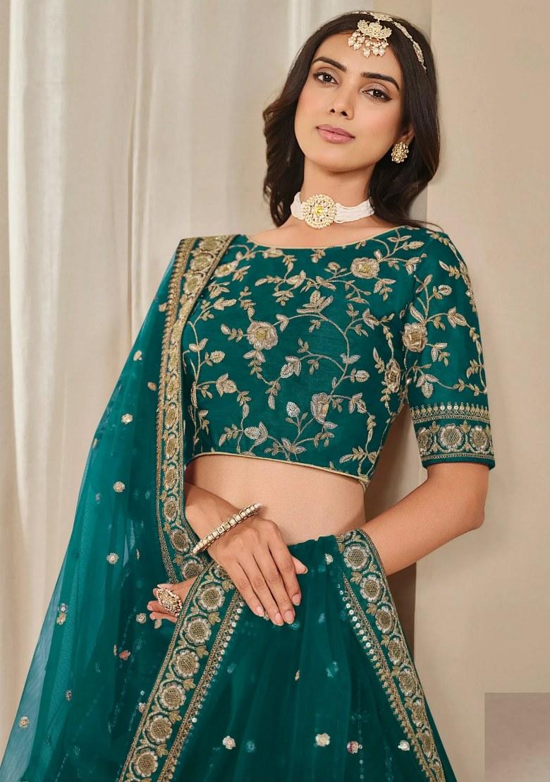 Green Sequin Work Silk Lehenga Set - Indya