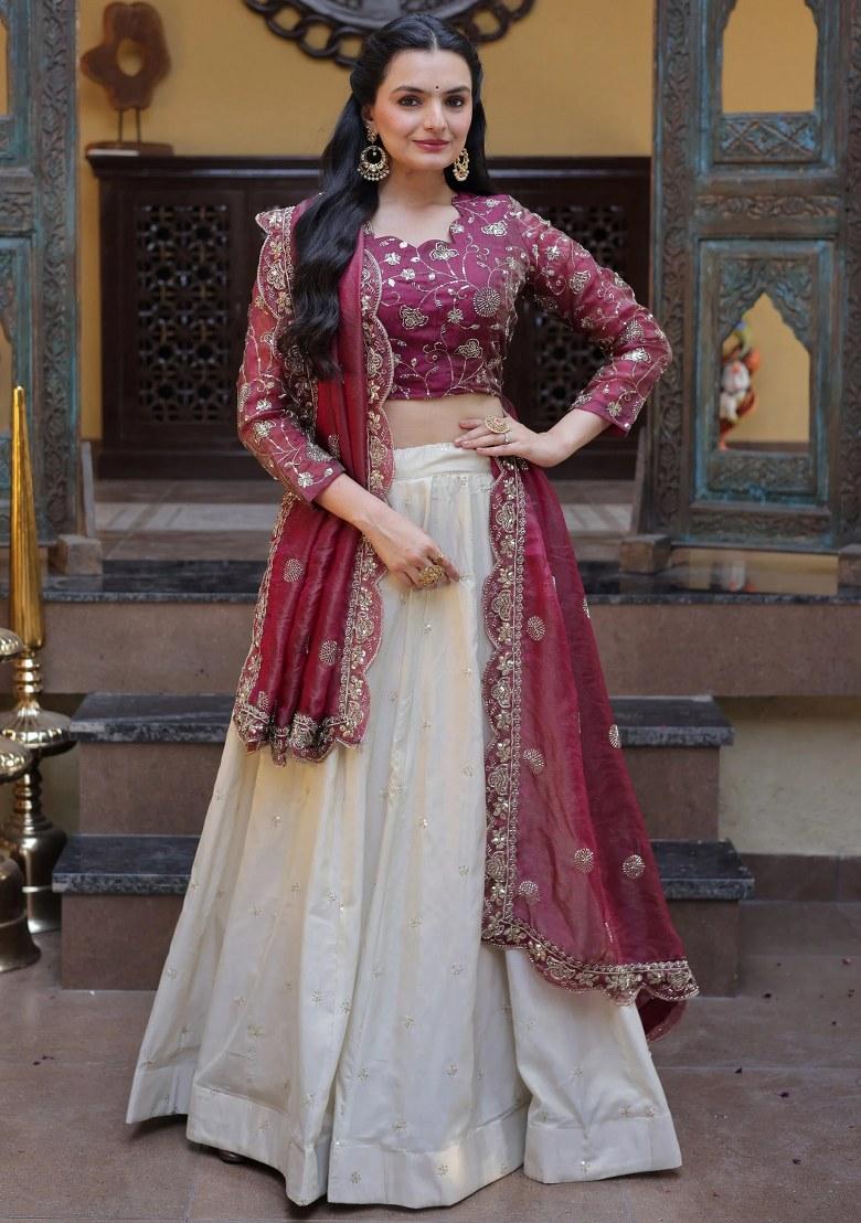 Maroon Sequin Work Silk Lehenga Set - Indya
