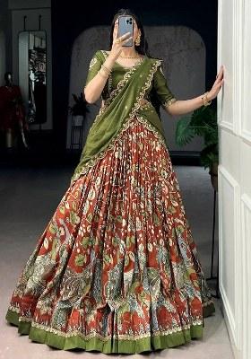 Orange Embroidered Silk Lehenga Set