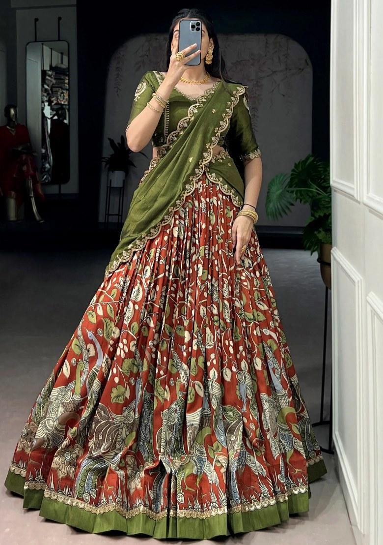 Orange Embroidered Silk Lehenga Set - Indya