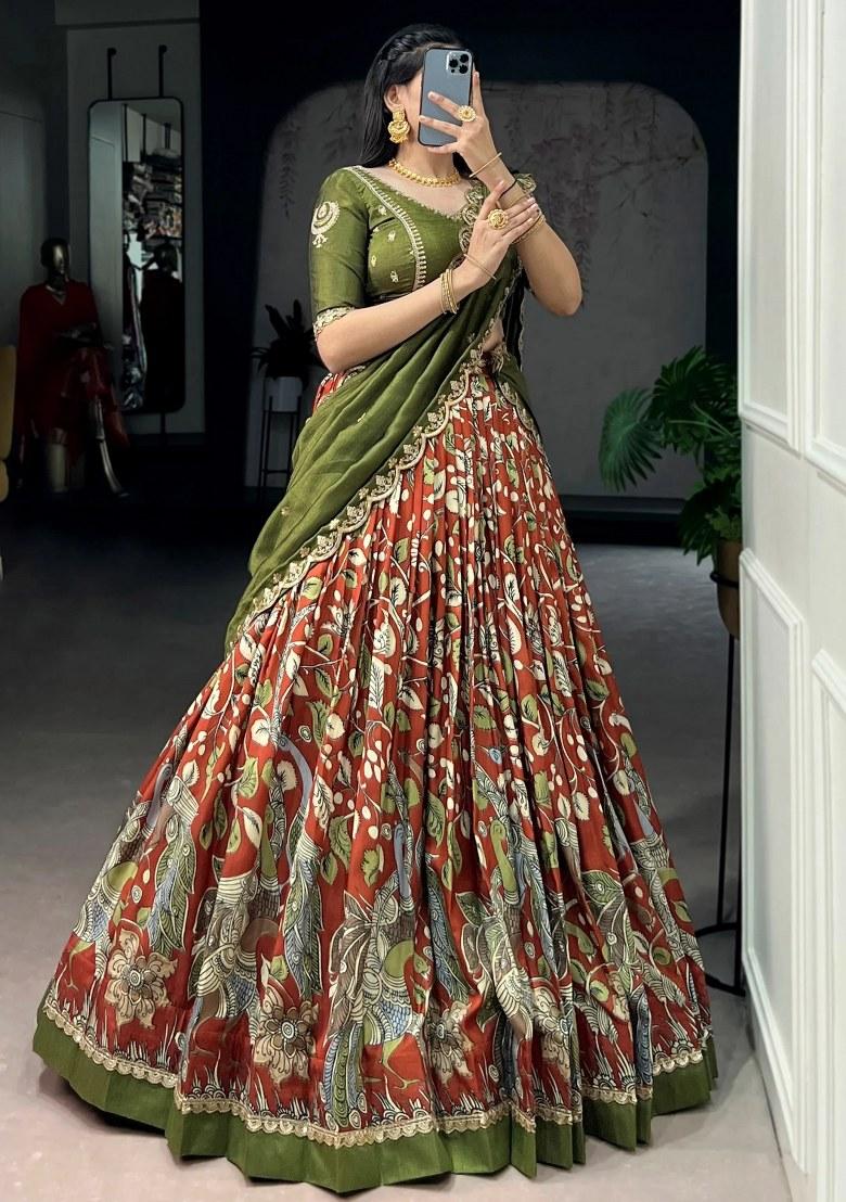 Orange Embroidered Silk Lehenga Set - Indya